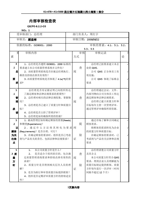 内部质量审核检查记录表