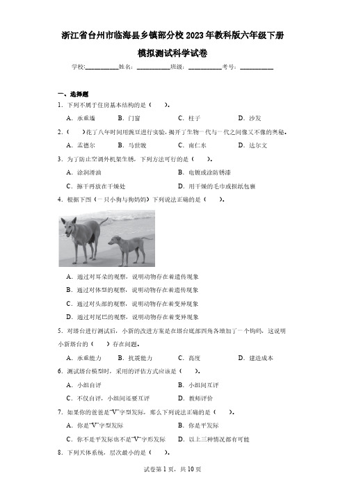 浙江省台州市临海县乡镇部分校2023年教科版六年级下册模拟测试科学试卷