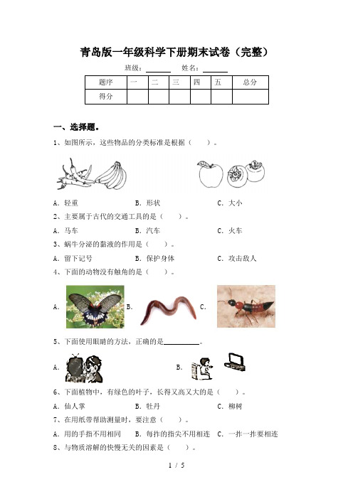 青岛版一年级科学下册期末试卷(完整)