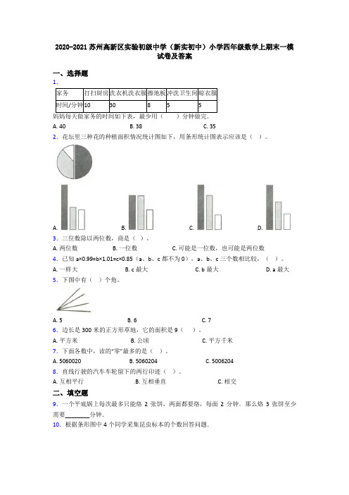 2020-2021苏州高新区实验初级中学(新实初中)小学四年级数学上期末一模试卷及答案