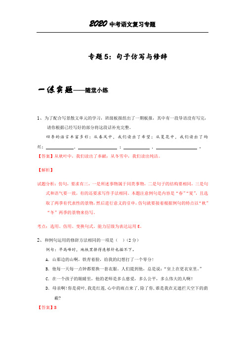 2020中考语文专题复习专题5句子仿写与修辞(解析版)