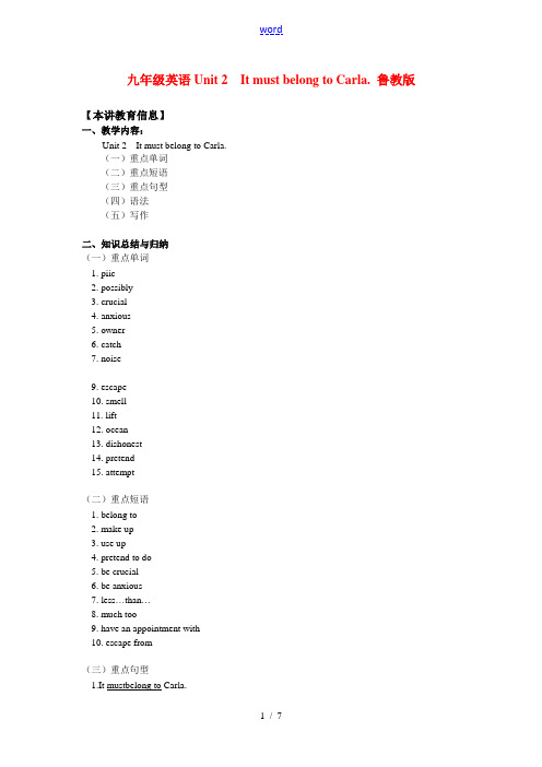 九年级英语 Unit 2  It must belong to Carla. 鲁教版 知识精讲