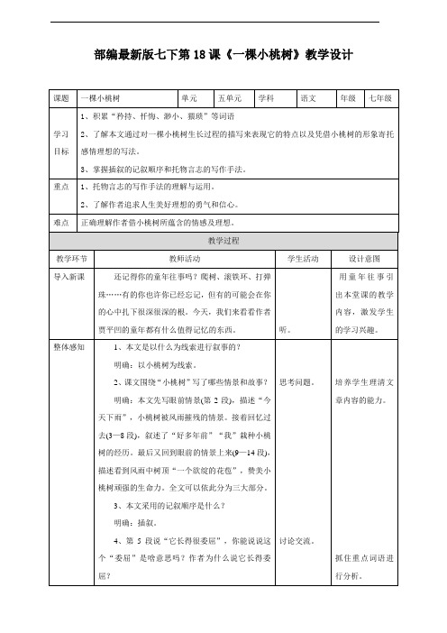 最新部编人教版七年级语文下册第18课《一棵小桃树》教学设计