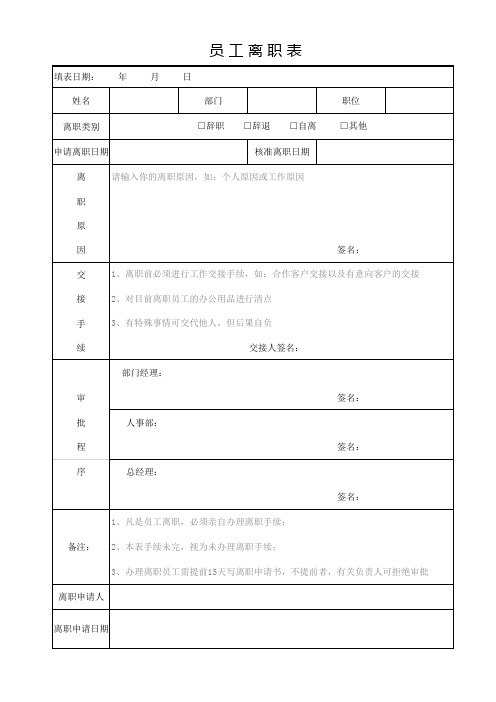 公司员工离职表Excel模板(推荐)