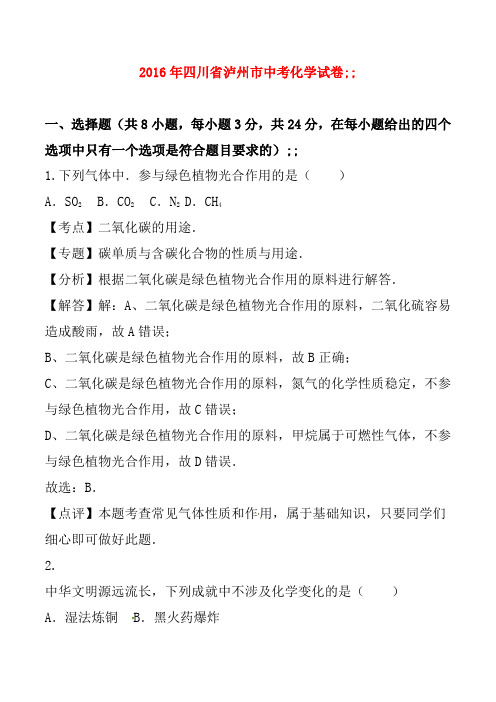 四川省泸州市2016年中考化学真题试题(含解析)