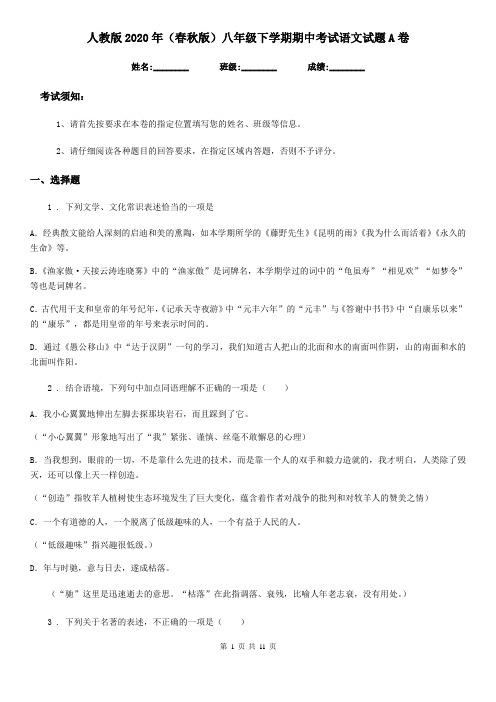 人教版2020年(春秋版)八年级下学期期中考试语文试题A卷(练习)