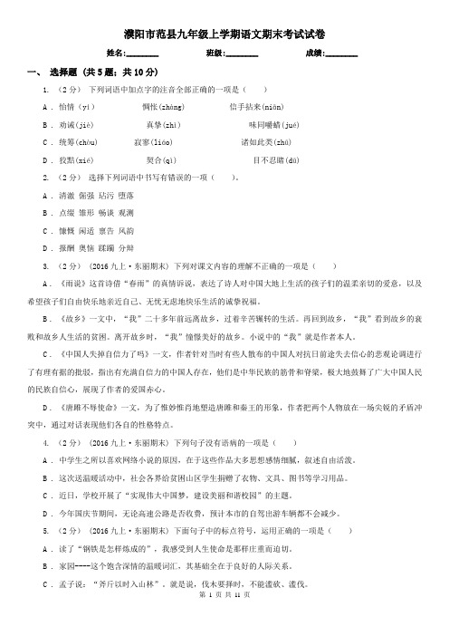 濮阳市范县九年级上学期语文期末考试试卷