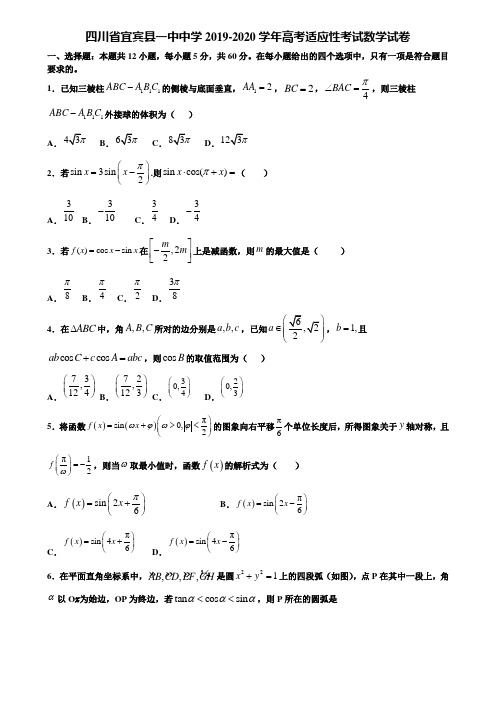 四川省宜宾县一中中学2019-2020学年高考适应性考试数学试卷含解析【附15套高考模拟卷】