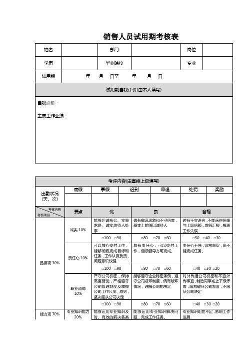 销售人员试用期考核表
