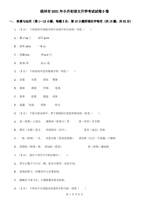 滨州市2021年小升初语文升学考试试卷D卷(新版)