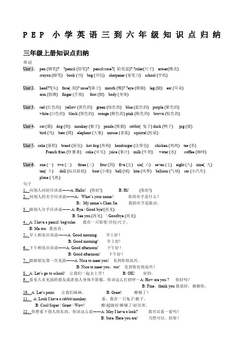 EP小学三级到六年级英语知识点归纳精版