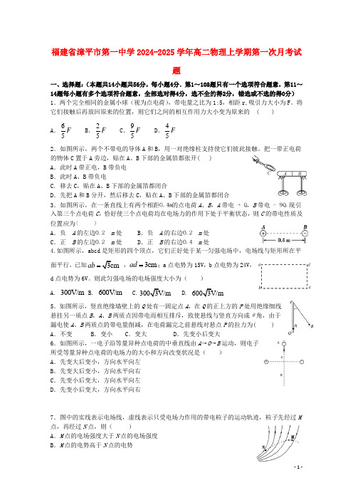 福建省漳平市第一中学2024_2025学年高二物理上学期第一次月考试题