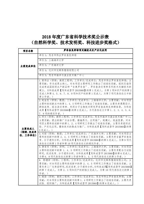 度广东省科学技术奖公示表