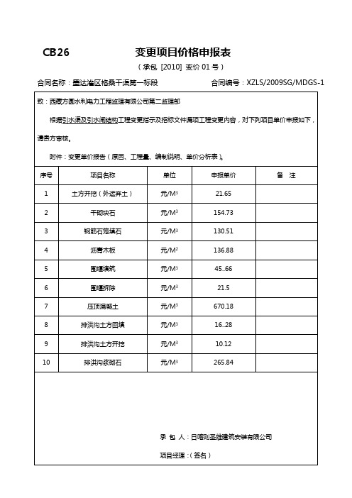变更项目价格申报表