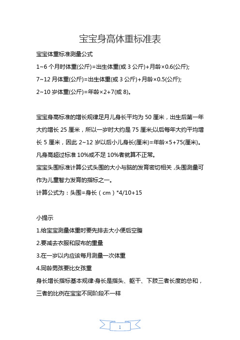 宝宝身高体重标准表