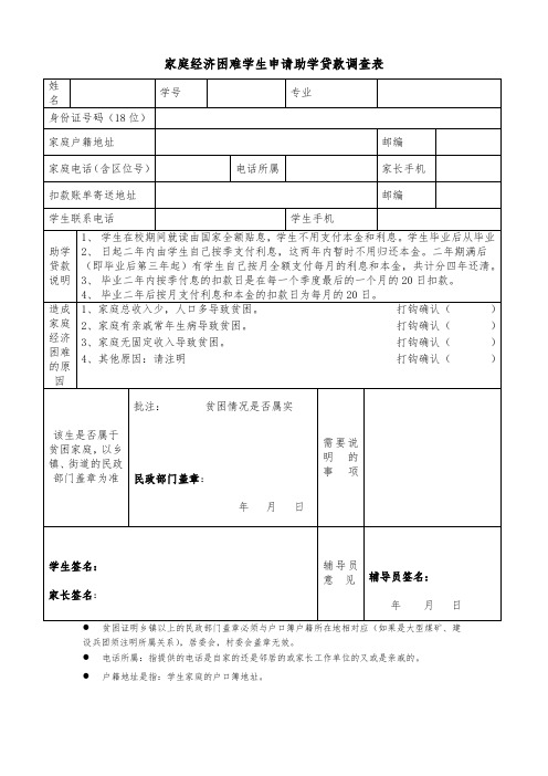 家庭经济困难学生申请助学贷款调查表