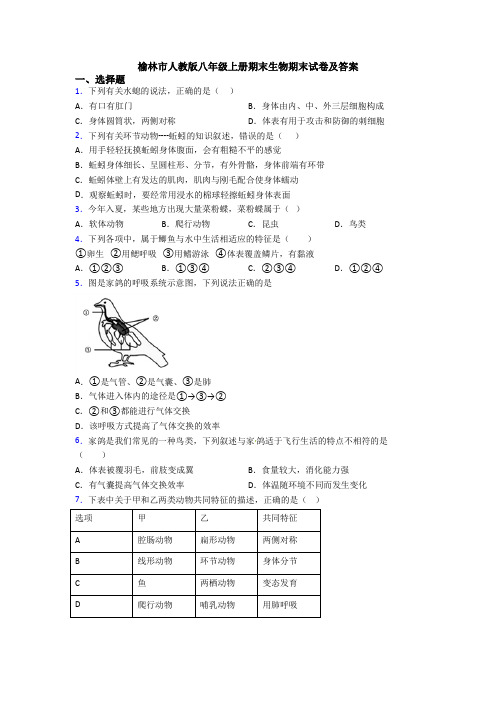 榆林市人教版八年级上册期末生物期末试卷及答案