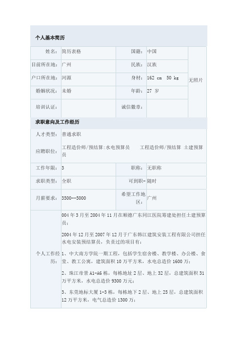 工程造价简历模板