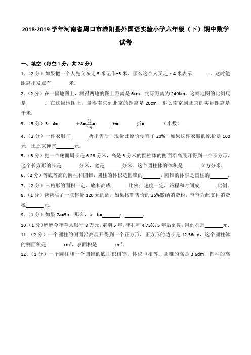 2018-2019学年河南省周口市淮阳县外国语实验小学六年级(下)期中数学试卷