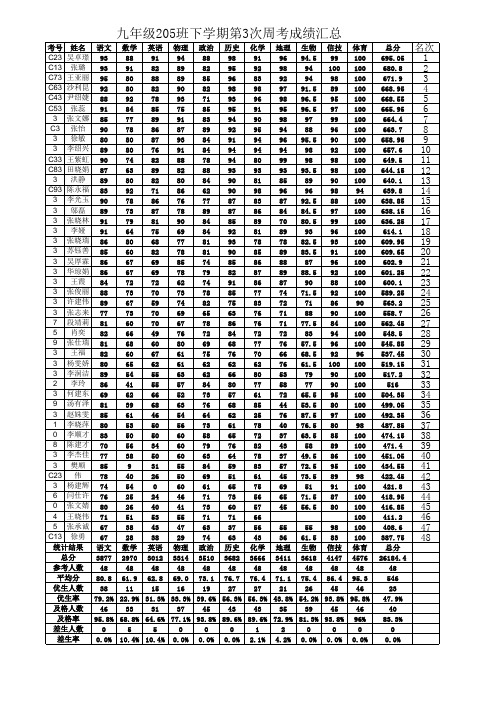 九年级205班下学期周考(三)成绩汇总