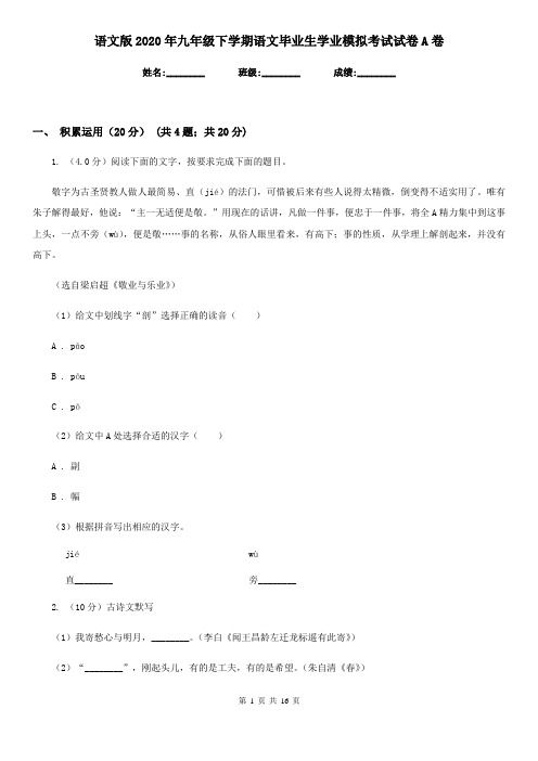 语文版2020年九年级下学期语文毕业生学业模拟考试试卷A卷