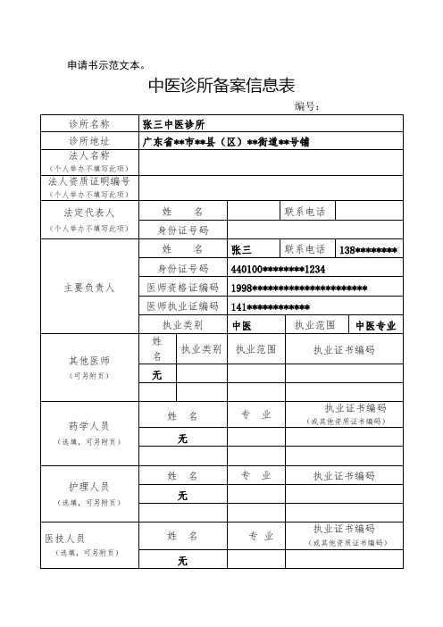 中医诊所备案信息表(样表)