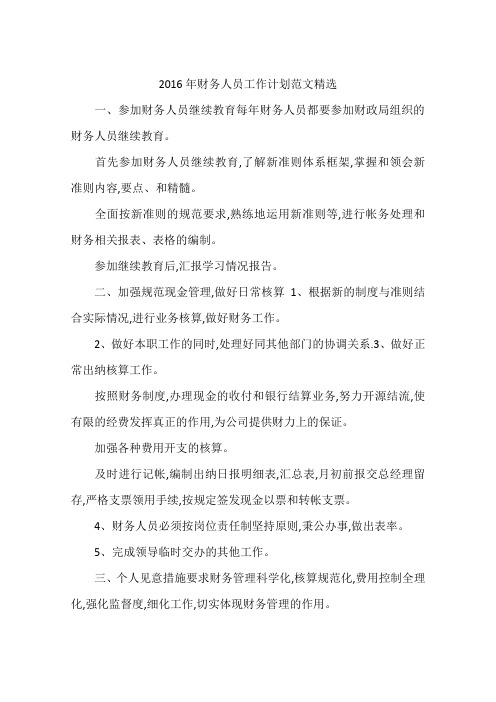 2016年财务人员工作计划范文精选