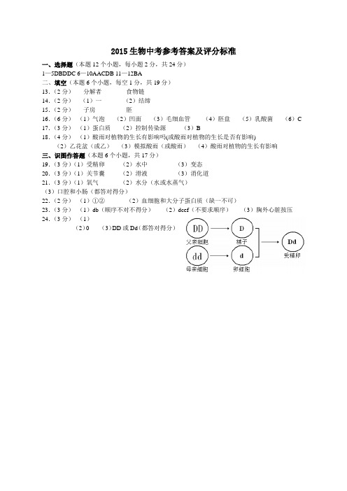 2015生物中考参考答案及评分标准
