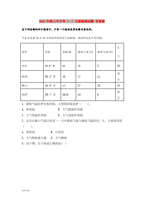 2021-2022年高三半月考(一)文综地理试题 含答案