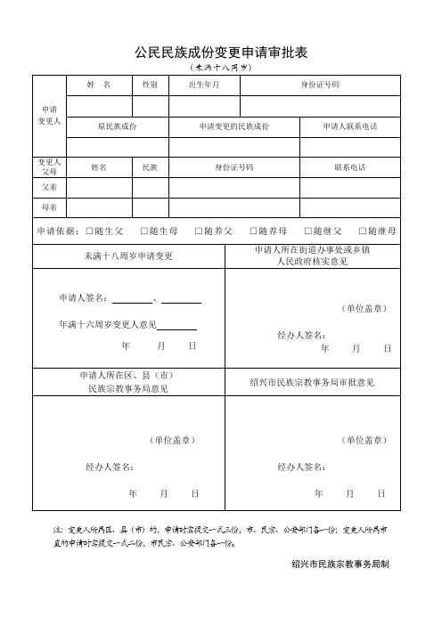 公民民族成份变更申请审批表