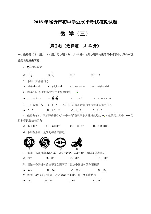 山东省临沂市2018年初中学业水平考试模拟数学试题(3)及答案