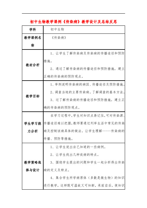 初中生物教学课例《传染病》教学设计及总结反思