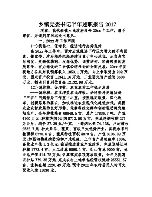 乡镇党委书记半年述职报告2017