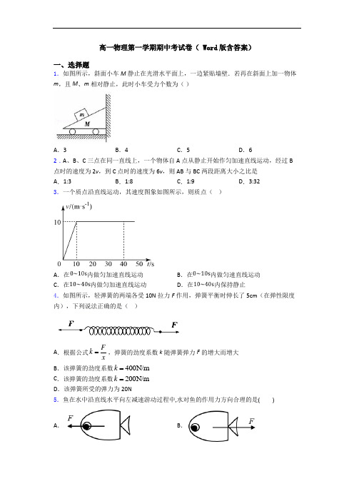 高一物理第一学期期中考试卷( Word版含答案)