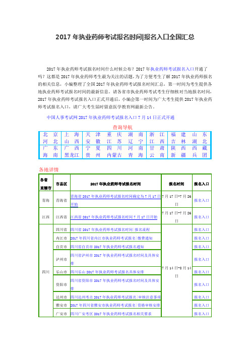 2017年执业药师考试报名时间报名入口全国汇总