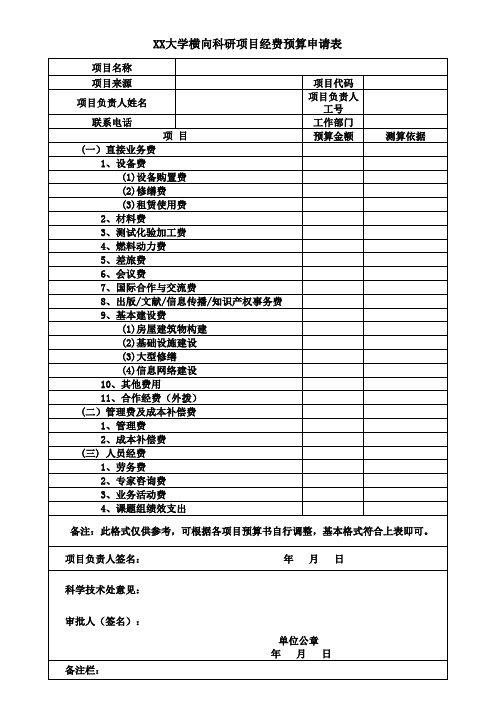 大学横向科研项目经费预算申请表