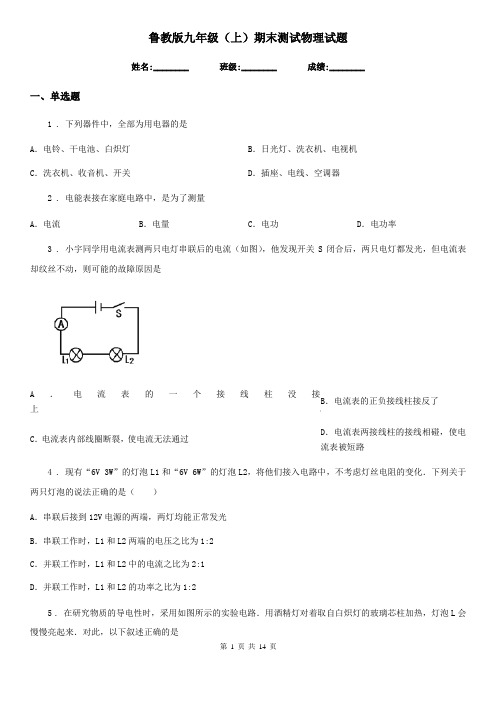 鲁教版九年级(上)期末测试物理试题(练习)