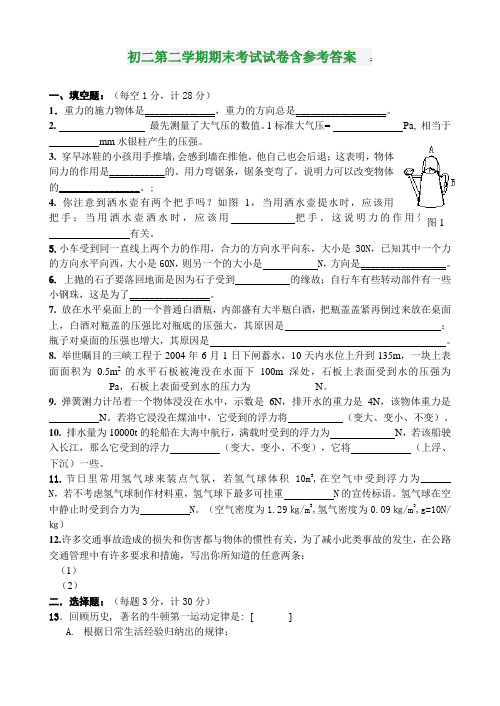 初二第二学期物理期末考试试卷含参考答案