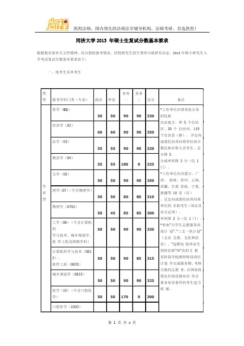 同济大学2013 年硕士生复试分数基本要求