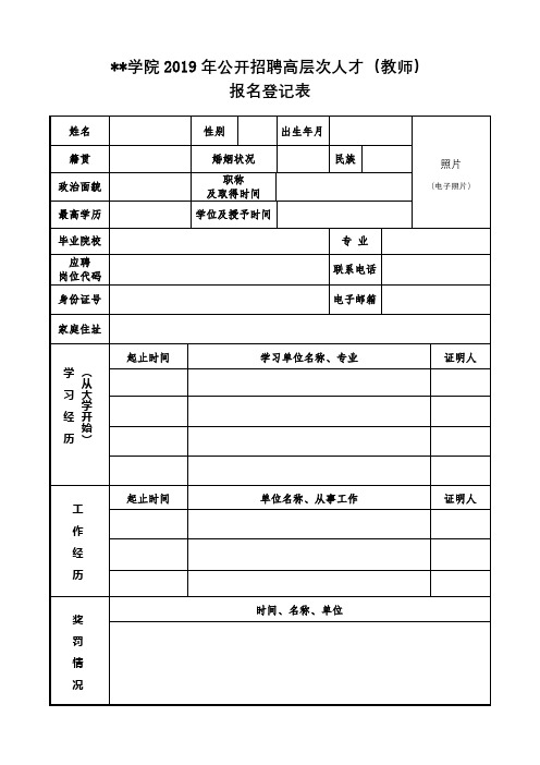 XX学院2019年公开招聘高层次人才(教师)报名登记表【模板】