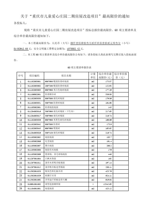 关于重庆市儿童爱心庄园二期房屋改造项目最高限价的通知