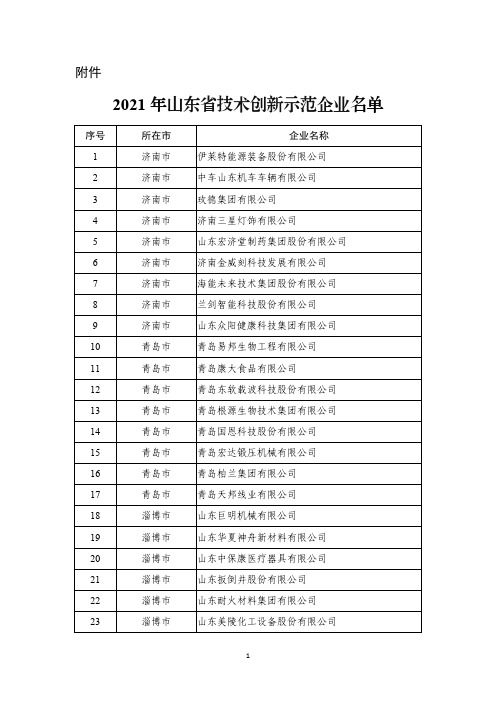 2021年山东省技术创新示范企业名单