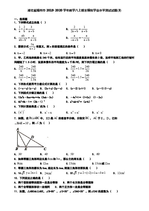 湖北省随州市2019-2020学年数学八上期末模拟学业水平测试试题(3)