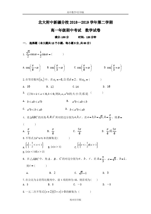 新疆自治区北大附中新疆分校2018-2019学年高一下学期期中考试数学试题