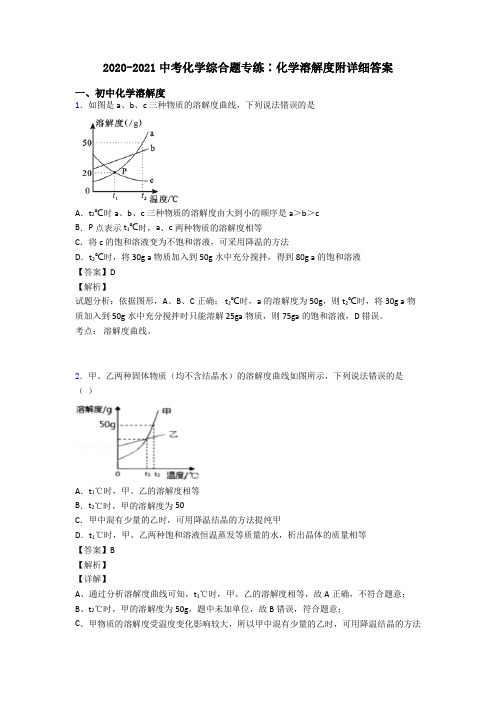 2020-2021中考化学综合题专练∶化学溶解度附详细答案