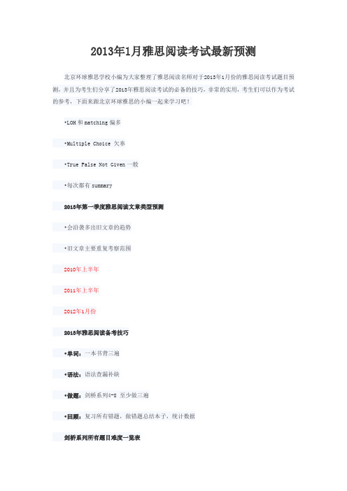 2013年1月雅思阅读考试最新预测