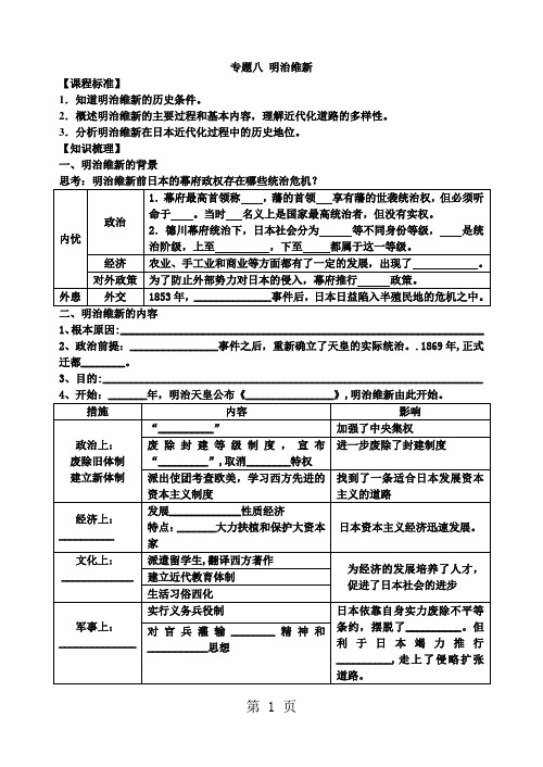 人民版高中历史选修1专题八二 明治维新的举措导学案(无答案)
