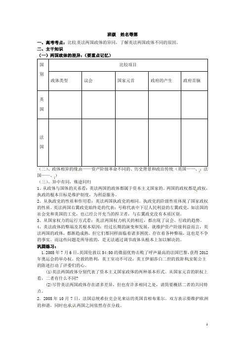 江苏省涟水县第一中学高中政治2.4英法政治体制的异同学案新人教版选修3