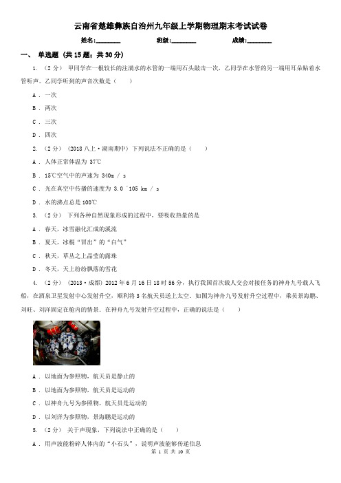 云南省楚雄彝族自治州九年级上学期物理期末考试试卷