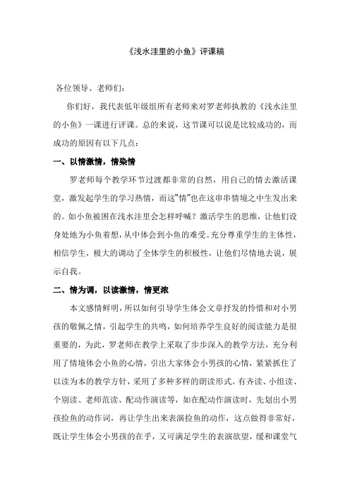 人教版小学语文二年级上册《浅水洼里的小鱼》听评课记录